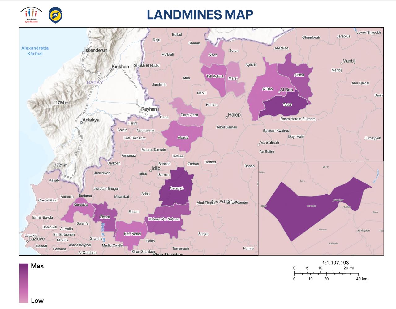 خريطة توزع حقول الألغام التي حددتها فرقنا من 26 تشرين الثاني 2024 حتى 1 آذار 2025: