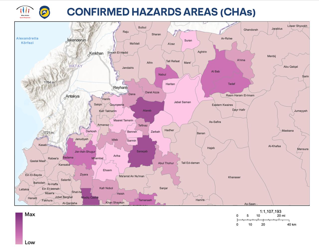 خريطة للمناطق الملوثة بالذخائر غير المنفجرة من 26 تشرين الثاني 2024 حتى 1 آذار 2025:
