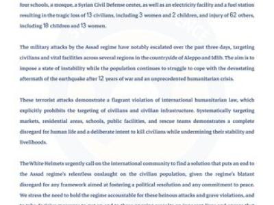 White Helmets Statement on the Assad Regime’s Escalation of Attacks on Civilians in Northwestern Syria