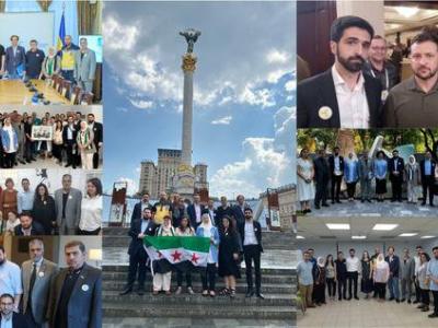 أعضاء من المجتمع المدني السوري يلتقون مع مسؤولين رفيعي المستوى، بما في ذلك الرئيس فولوديمير زيلينسكي، وفاعلين مفتاحيين أوكرانيين، في كييف، لإحياء الذكرى العاشرة لمجزرة الأسلحة الكيميائية في سوريا