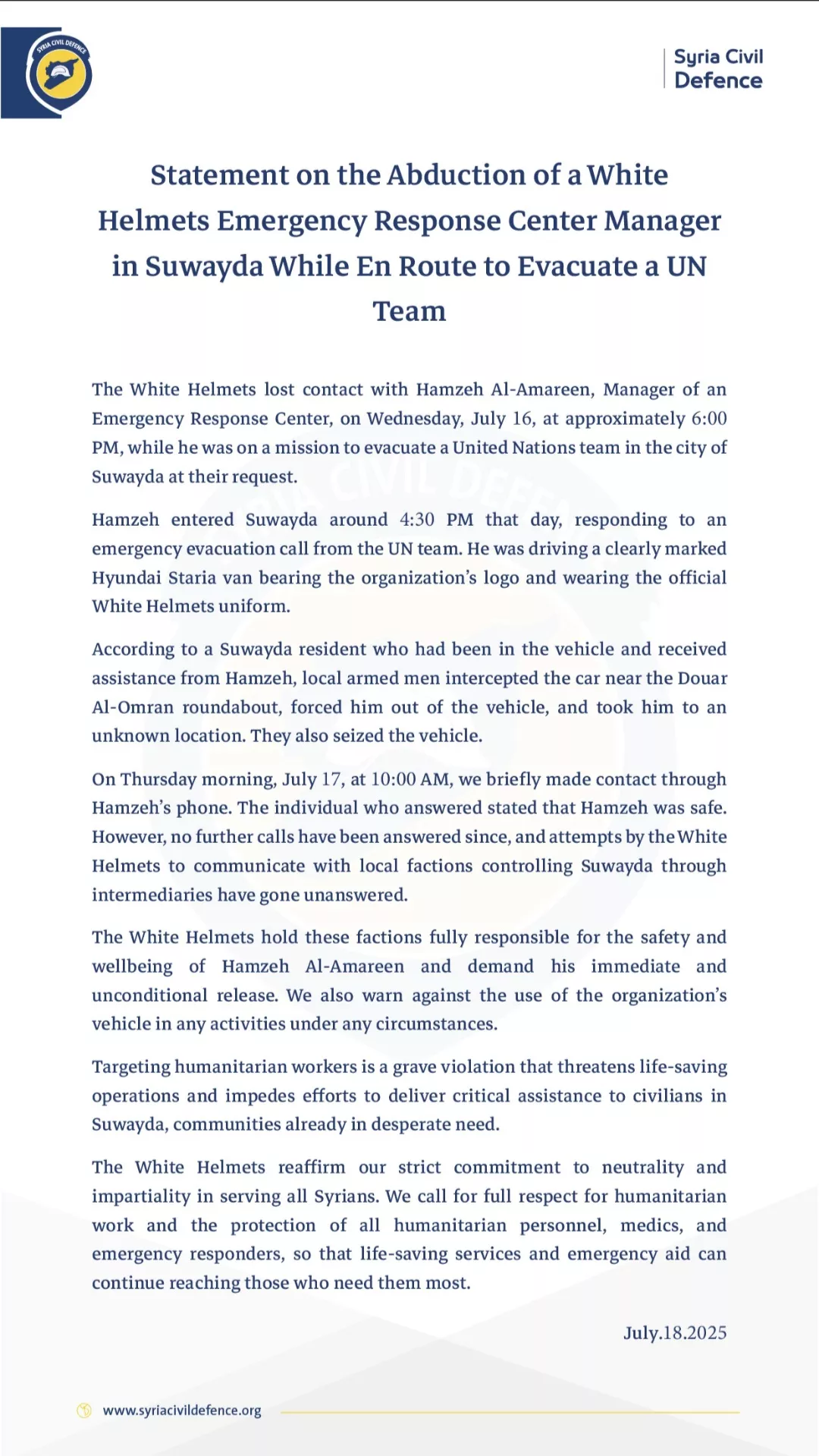Statement on the Abduction of a White Helmets Emergency Response Center Manager in Suwayda While En Route to Evacuate a UN Team