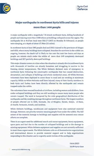 Major earthquake in northwest Syria kills and injures more than 1400 people.