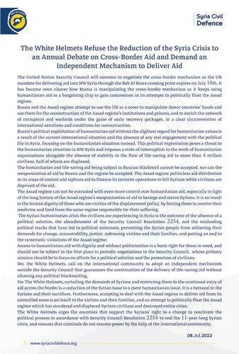 The White Helmets Refuse the Reduction of the Syria Crisis to an Annual Debate on Cross-Border Aid