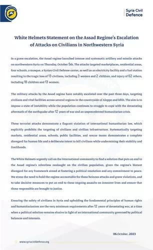 White Helmets Statement on the Assad Regime’s Escalation of Attacks on Civilians in Northwestern Syria